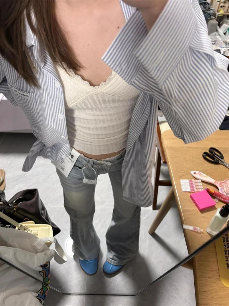 Jean Micro évasé en dentelle bleue délavée, Patchwork de Style américain, pour fille épicée, Look Slim, taille basse, pantalon à jambes droites, nouvelle collection 2025