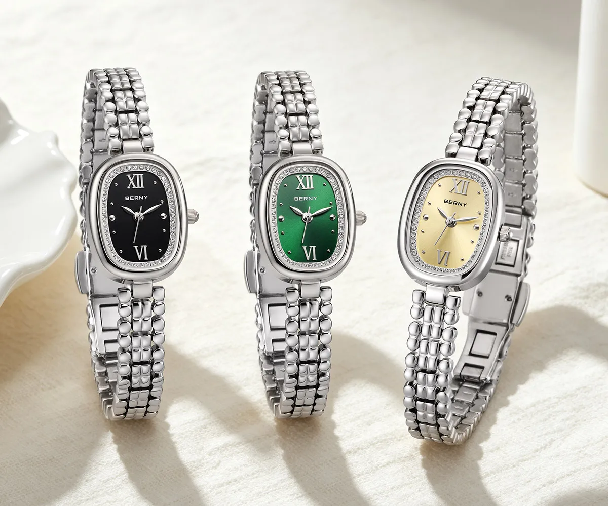 BERNY Uhren für Damen, oval, lässig, elegant, Damen-Quarzuhr, leicht, modisch, für Mädchen, Kleid, Edelstahl-Armbanduhr – Detail 11