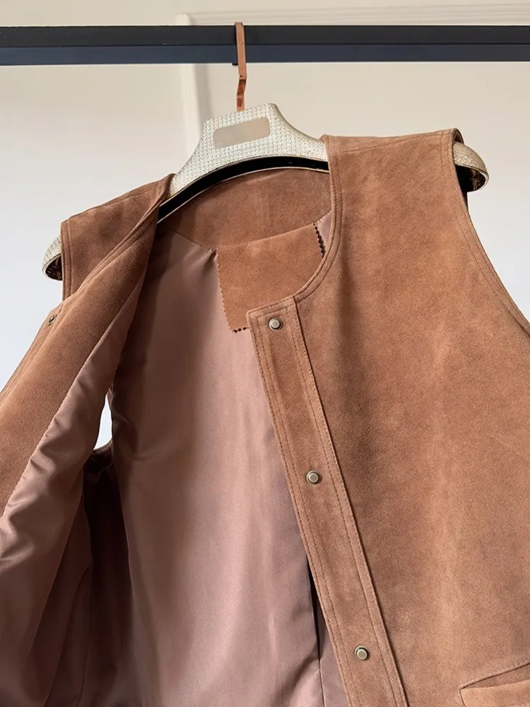 Elegant Female Fashion O Neck Real Suede Leather Loose Vest Single Breasted Office Waistcoat Lady Loose Genuine Leather Jacket