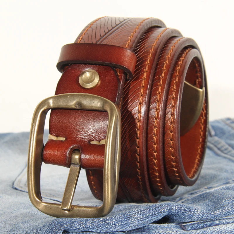 Ceinture Double face pour hommes, très épaisse, en cuir véritable, avec boucle ardillon, en cuivre pur, accessoire de luxe