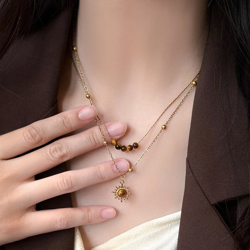 موضة طبقة مزدوجة عباد الشمس قلادة قلادة للنساء البني حجر عين النمر مطرز سترة فستان سلسلة المختنق مجوهرات فاخرة