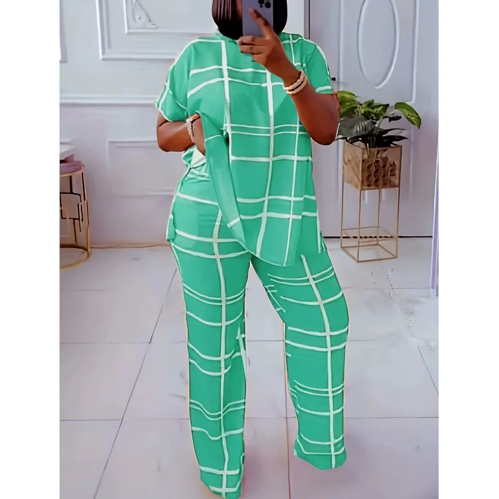 Spring Summer New Fashion Plaid Printed Short Sleeved V Neck Shirt Women Loose Simple Large Size Female Office Pants 2 Piece Set