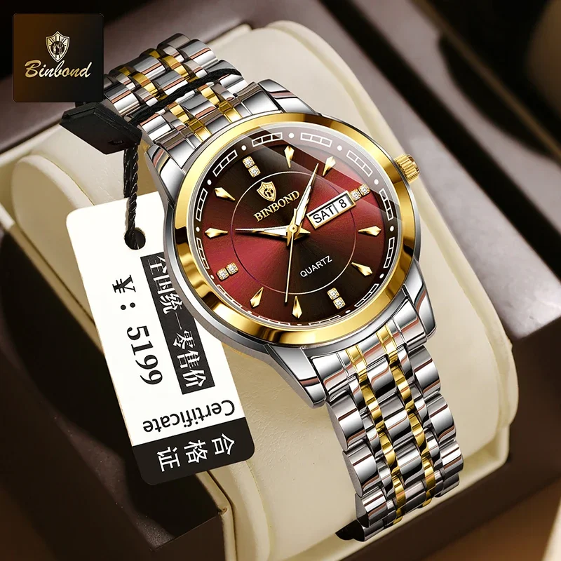 BINBOND Fashion Ladies Quartz Wristwatch Luxury Stainless Steel Waterproof Women's Watch Luminous Women's Watches Original Clock