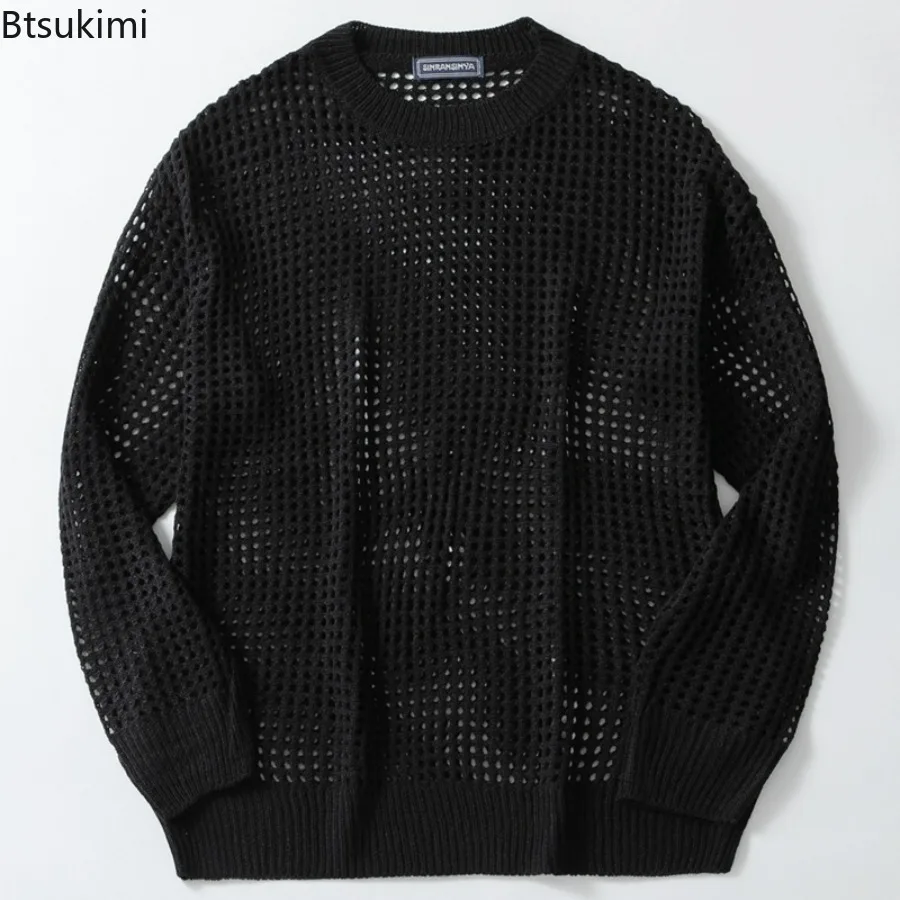 Neue 2025, männer Schwarz Langarm KnittedTop Pullover Kleidung Aushöhlen Fishnet Mesh Stil Stricken Retro Pullover Casual Männlichen Tops