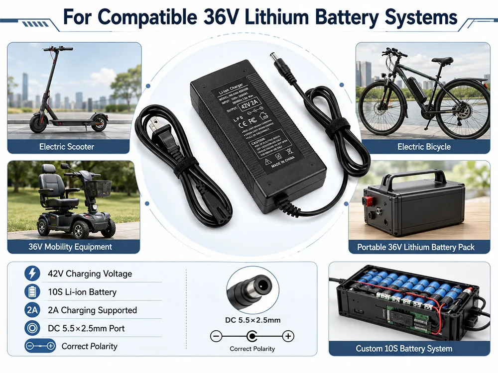 42V 2A 5A Electric Charger 1 Prong 5.5mm DC Plug for 36V 10S Lithium Battery Compatible with Gotrax Charger