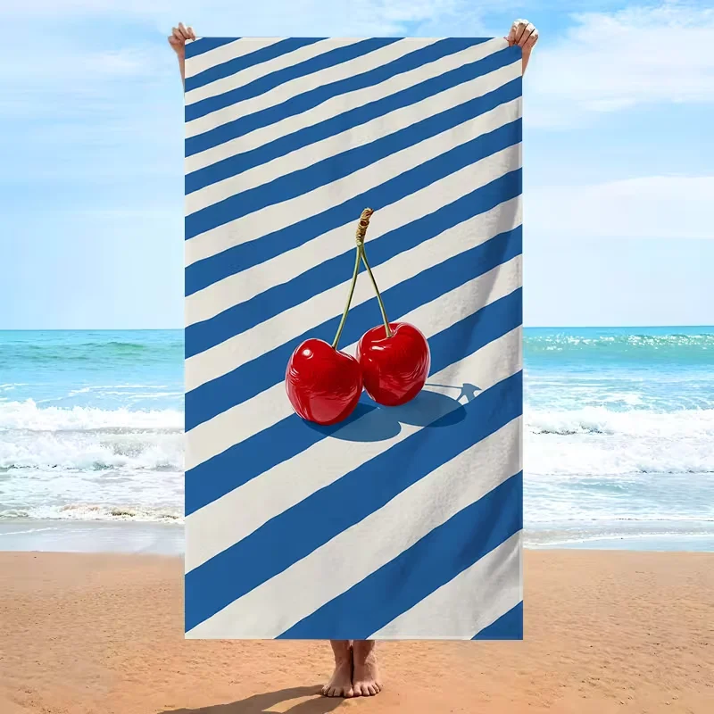 Cute Cherry Pattern Beach Towel Blue White Diagonal Striped Bath Towel Quick Dry Absorbent Sand-Free Towel for Adults Beach Use