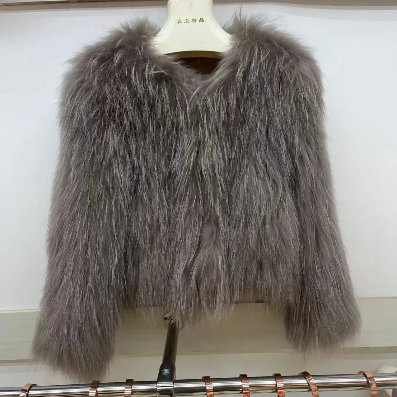 Furyoume abrigo tejido de piel de mapache Real para mujer chaqueta de piel corta manga larga cuello en V moda nuevo estilo Otoño e Invierno