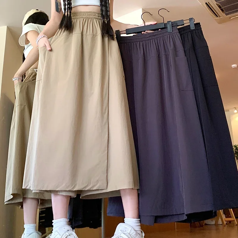 2026 Classic Lady Solid High Waist Skirt Pants Women Fashion Baggy Ice Silk Dress Girls Thin Daily Wide Leg Culottes
