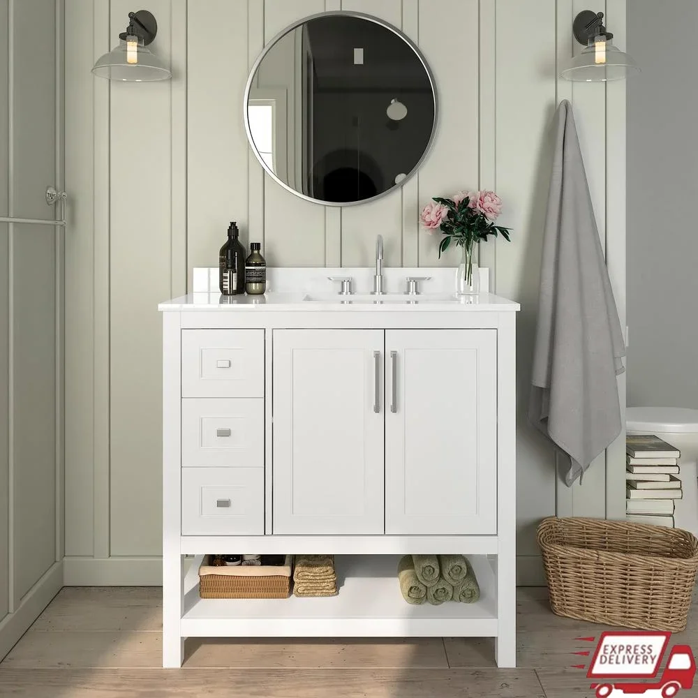 36 Inch Bathroom Vanity Single Sink Cabinet Soft Close Doors Open Shelf 3 Drawers Carrara Marble Finish Modern Design Moisture