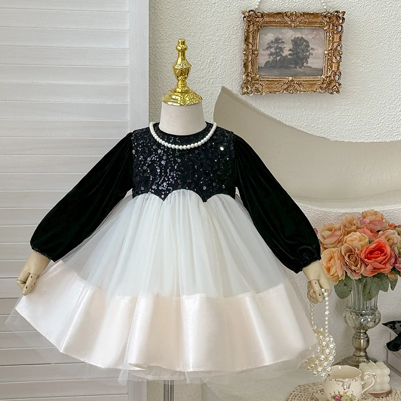 New Ins Spring Autumn Girls Dress Sequins Spliced Fluffy Long Sleeve Kids Girls Birthday Dress Children Girls Princess Dress