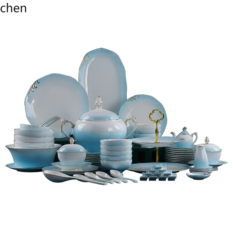 CZ Gradient Gold Trim Tableware Set Housewarming Gift Palace Style Chinese Bone China