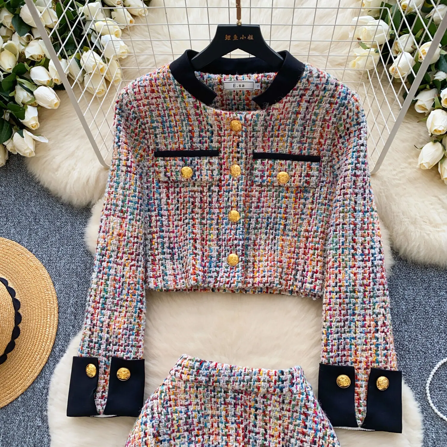 High Quality French Tweed Two Piece Set Lady Sweet Fashion Short Jacket Coat + Skirt 2 Piece Sets Women Outfit Conjuntos Cortos