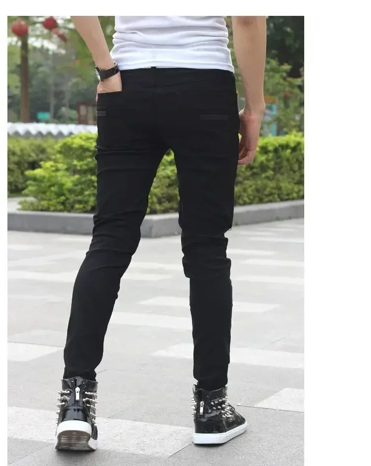 

Fashion Korean Style Black Skinny Jeans knee zipper Men's Streetwear Slim Jeans with Holes Casual Wear Motorcycle Jeans