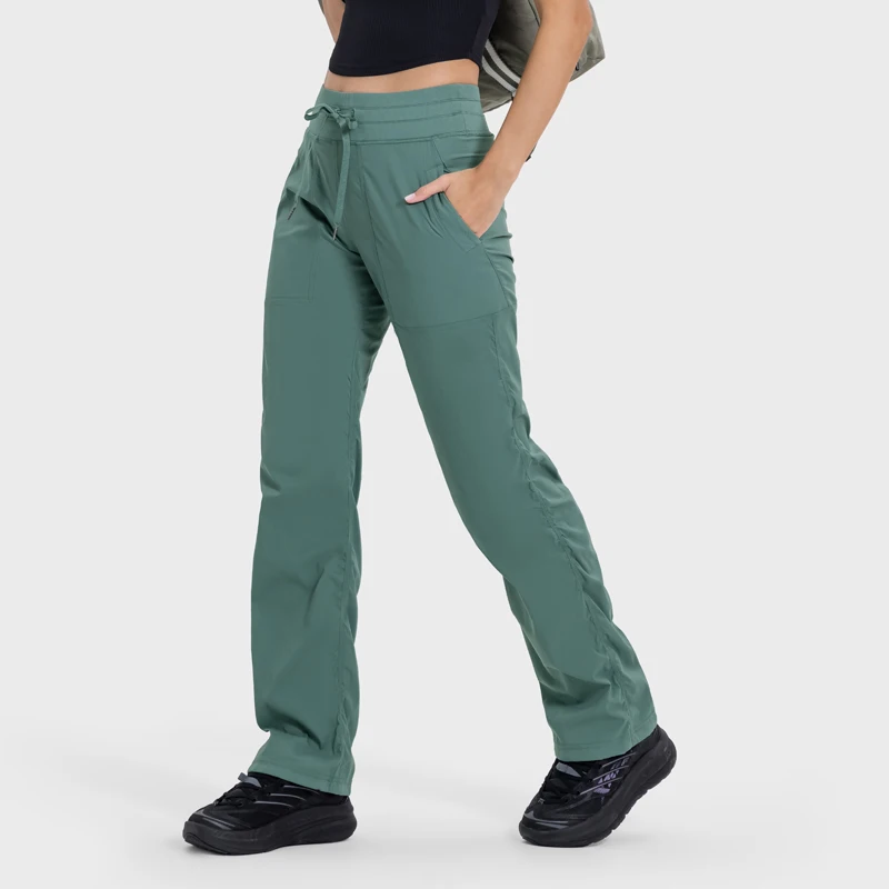 Women Sport Pants with Pockets Adjustable waist Pull String Leg Opening Straight Quick Dry Casual Commuting Running Fitness Pant