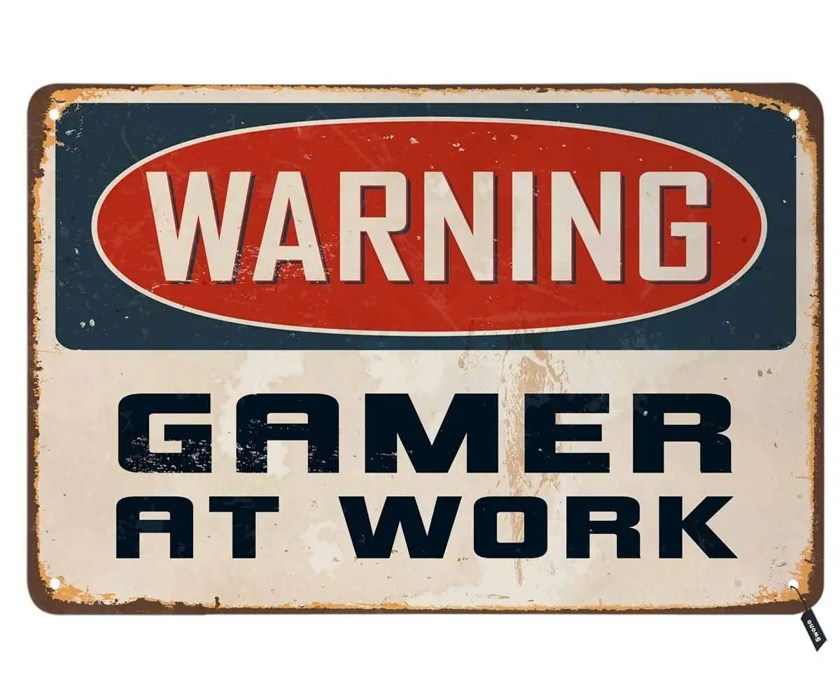 Swono Warning Gamer at Work Tin Signs,Vintage Metal Tin Sign for Men Women,Wall Decor for Bars,Restaurants,Cafes Pubs,12x8  sign