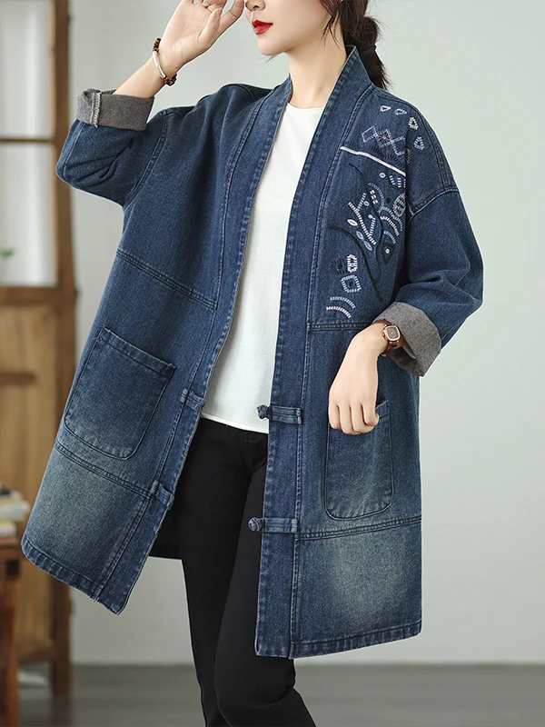 

Loose Fitting Embroidered Denim Sle Coat with Large 3D kets Vintage Casual Long Sve V-Ne Mid-Length Single Button