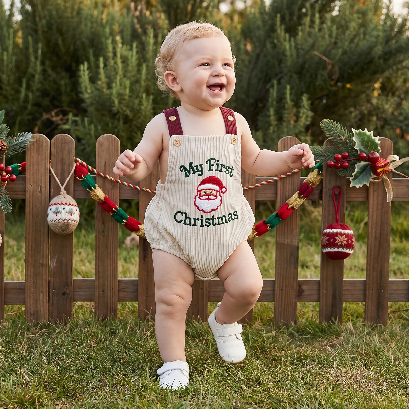Baby Boy Romper Sleeveless Santa/Christmas Tree Embroidery Overalls