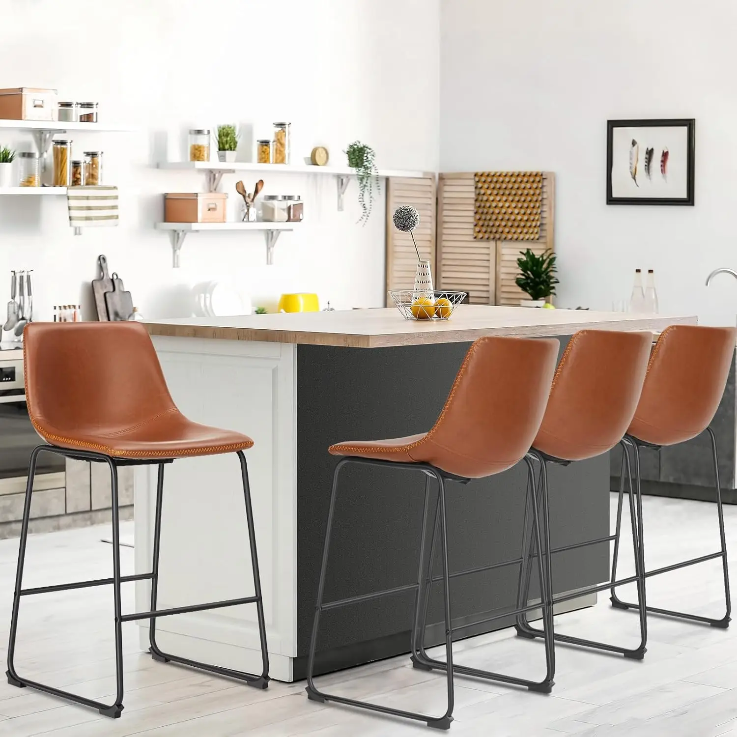 DUMOS 30 Inch Counter Height Bar Stools Set of 4, Modern Faux Leather High Barstools with Back and Metal Leg, Bar Chairs for Kit