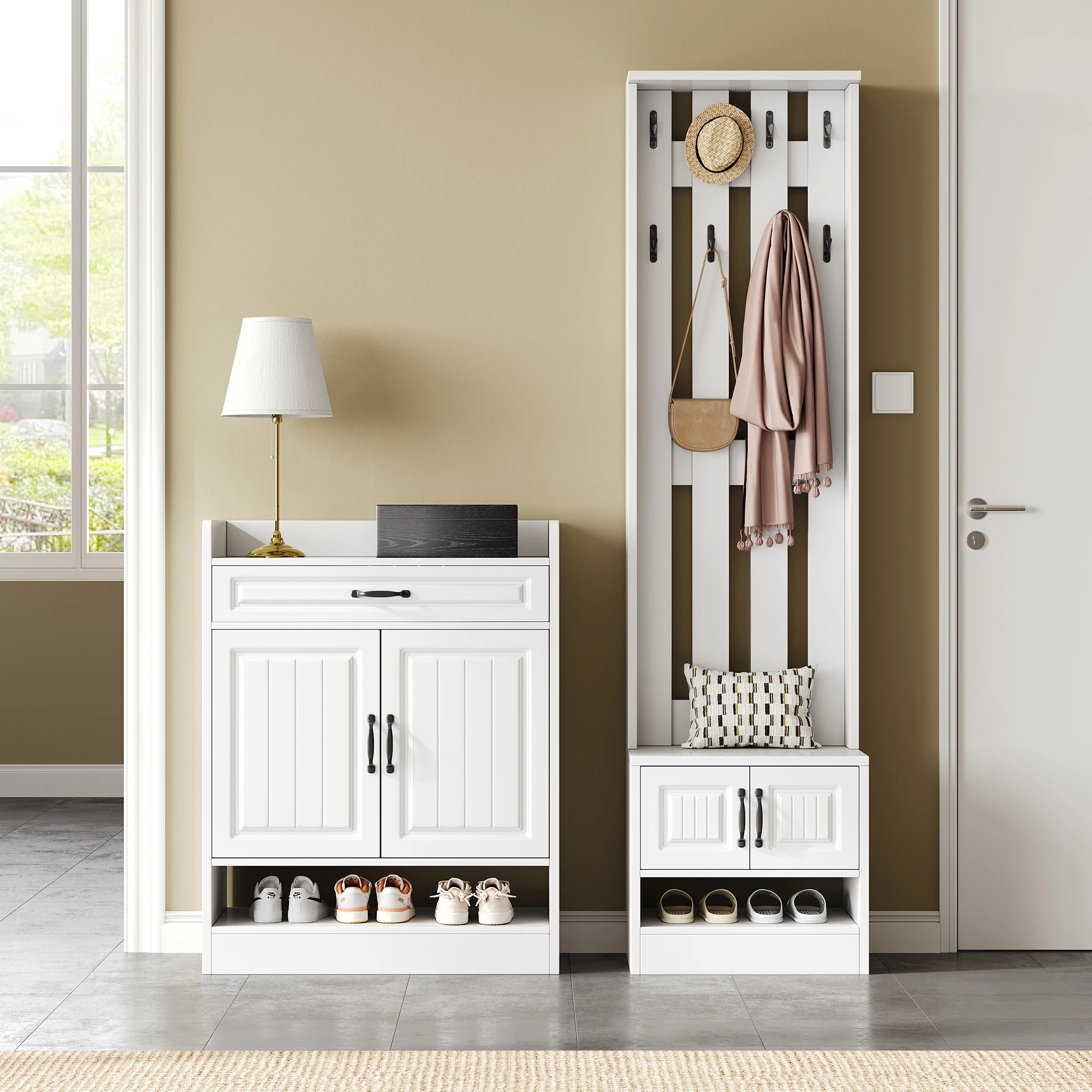 PINGGO Garderobenset, Wandschrank mit Schuhregal, 8 Haken, 4 Türen, 1 Schublade, weiße Flurmöbel, 125 x 36 x 190 cm – Detail 1