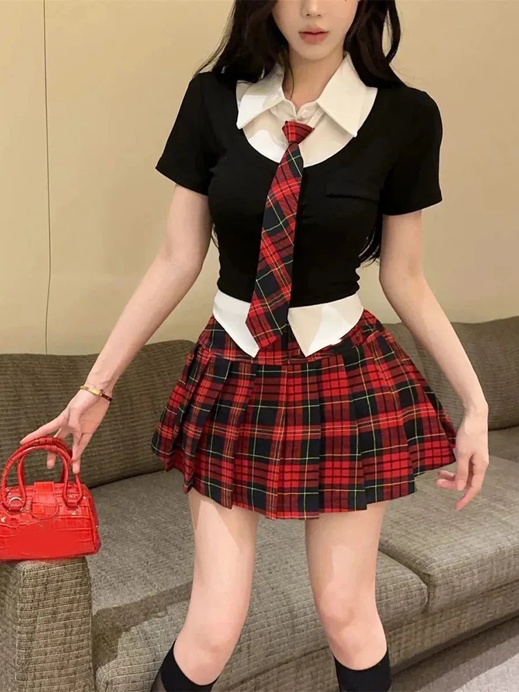 Preppy Style Kawaii Sailor 2 Piece Sets Women Japanese Slim with Tie White Shirts Summer Jk Plaid Patchwork Lady A Line Skirts