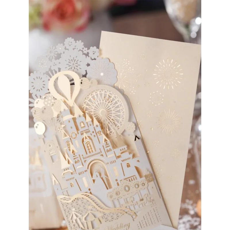 Creative Wedding Wishes Hollow Out Greeting Cards for Newlyweds, Wedding Gifts Hot Stamping Happiness Castle