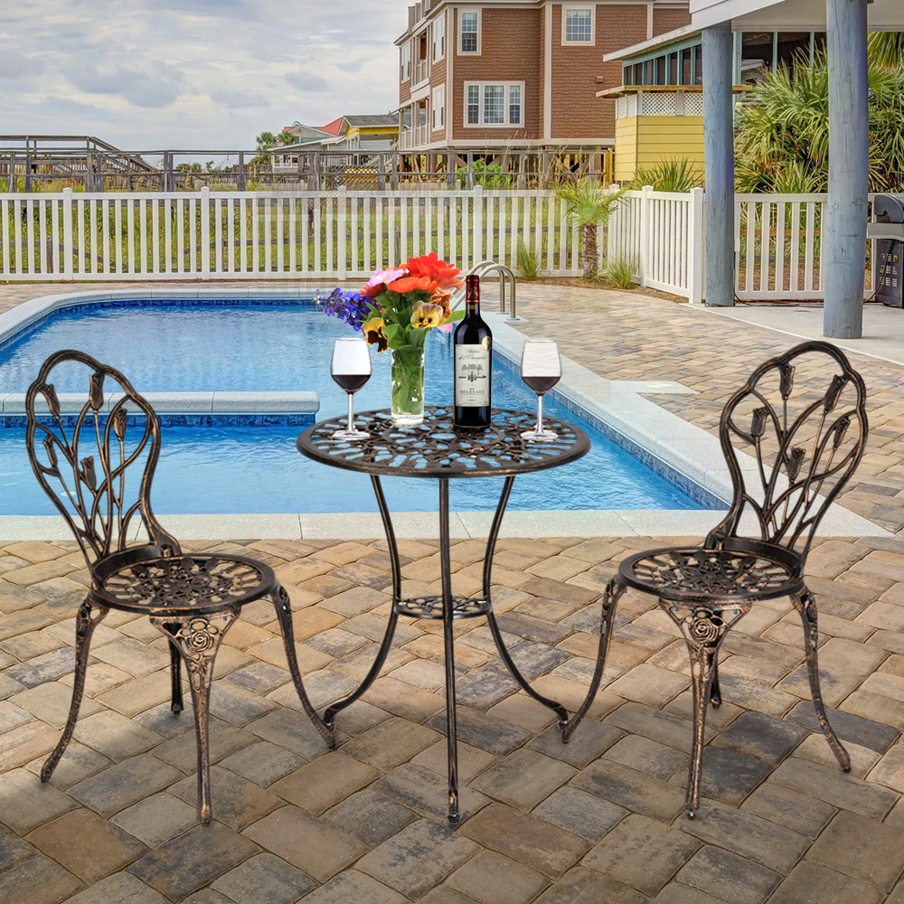 Outdoor Furniture Set European Style Cast Aluminum Outdoor 3 Piece Tulip Bistro Set of Table and Chairs Bronze 60 x 60 x 67.5