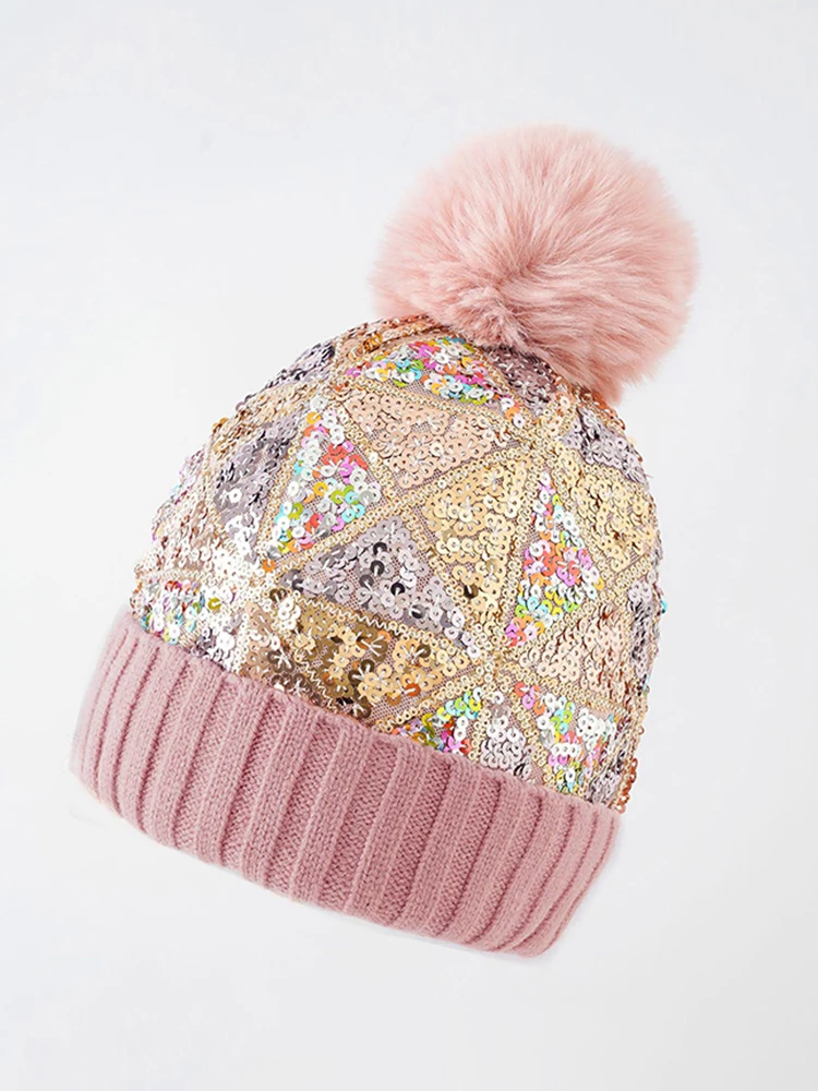 New 2023 Winter Mujer Ladies Christmas Hats Women Chic Glitter Sequin Pompom Hat Knitted Handmade Adult Cover Head Cap