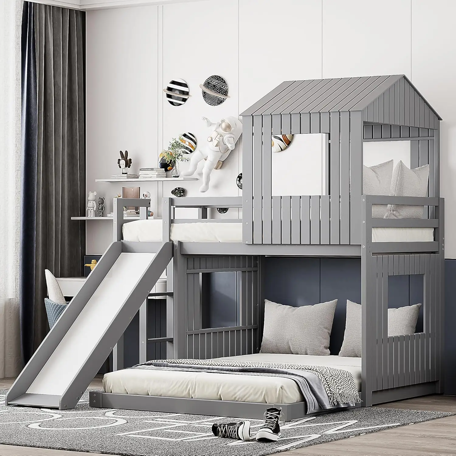 Harper & Bright Designs House Bunk Beds Twin Over Full Size, Wood Bunk Beds with Roof and Window (Grey, Twin Over Full