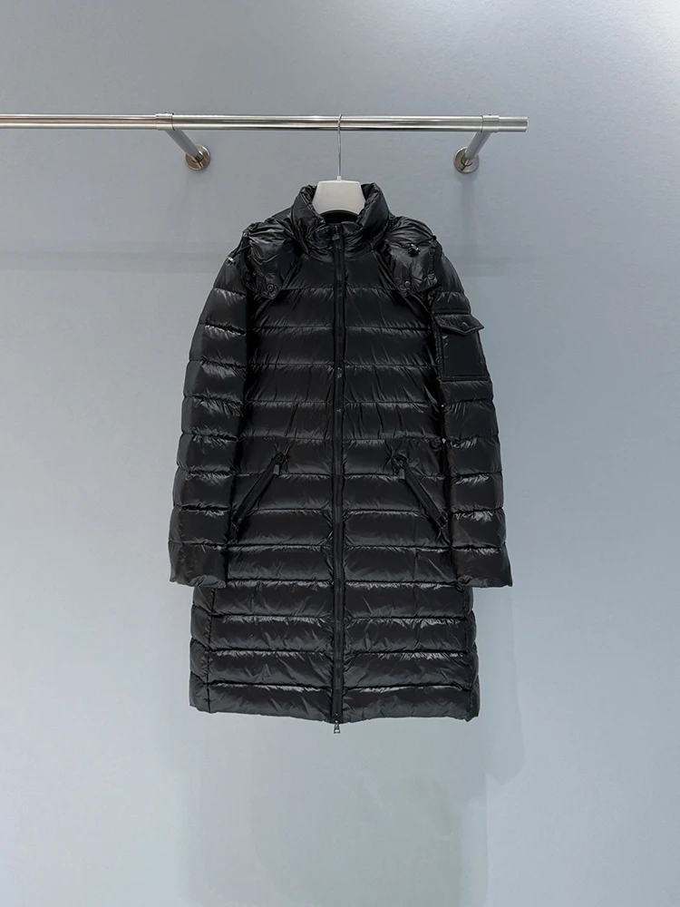 

Autumn Winter Fashion Black Simplicity Long Style Down Jacket Women's Hooded Stand Collar Long Sleeve Loose Pocket Down Jacket