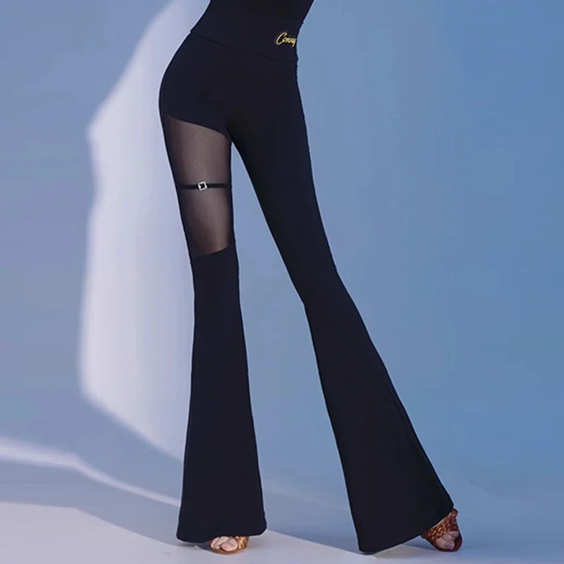 

Waltz Latin Dance Pants Women Performance Training Clothes Black Mesh Bell-Bottoms Trousers Adult Ballroom Dance Pants