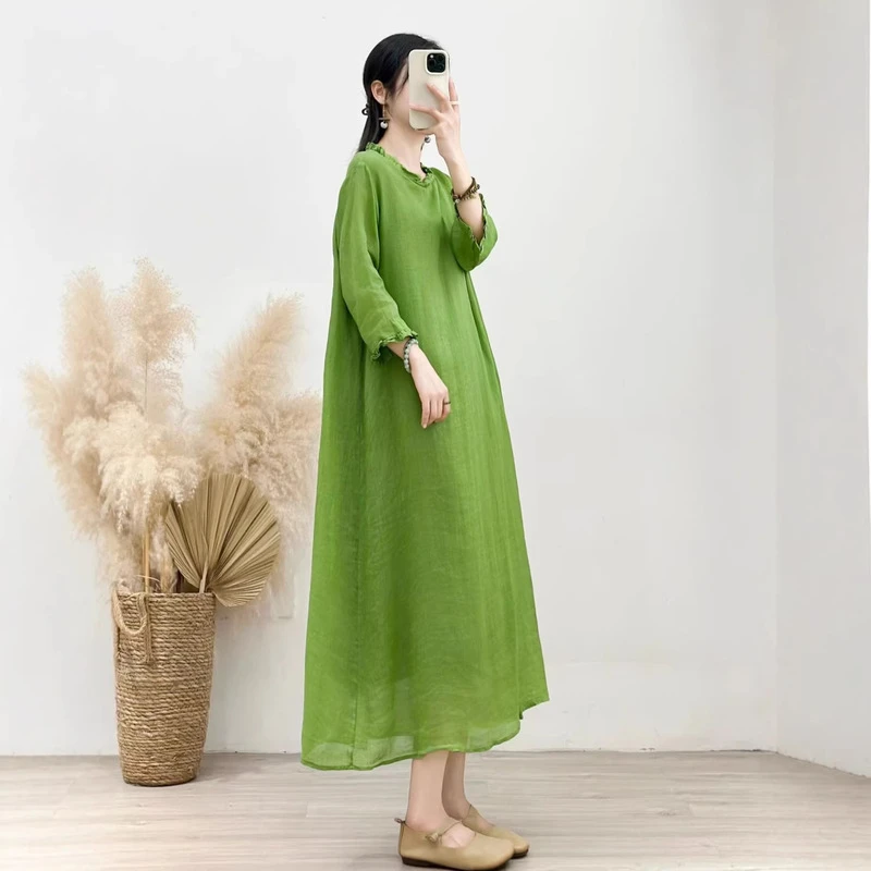 Summer Maxi Dress Women 2026 New Solid Boho Beach Dress Ladies Evening Party Long Dress Ramie Fungus Edge Double-layer Dress