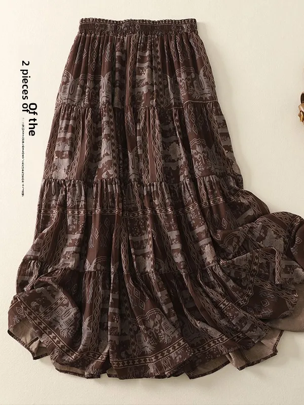 

Новинка 2025 года, свободная этническая юбка с эластичной резинкой на талии, большой размер, женская утягивающая юбка с цветочным принтом, повседневная юбка-торт...