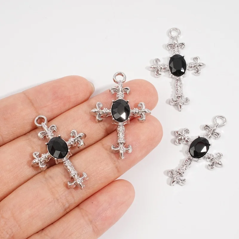 5Pcs Gothic Silver Ten Inlaid Oval Black Rhinestone Metal Cross Pendant Necklace Earrings Bracelet Jewelry Making Accessories view 2
