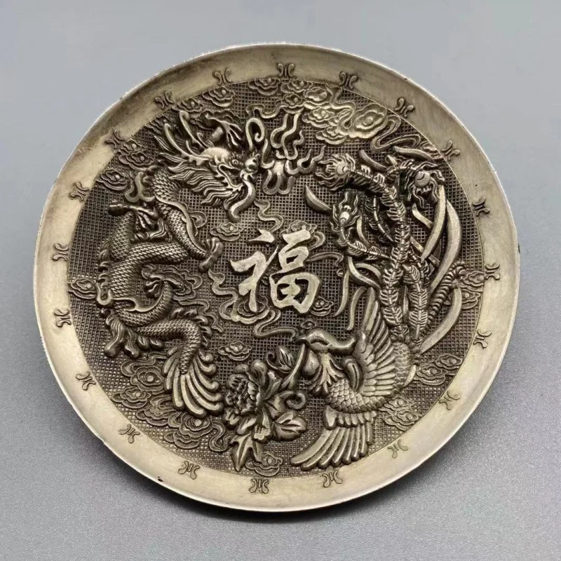 

Antique Miscellaneous Collection Dragon and Phoenix Fortune Character Bowl White Copper Silver-Plated Dragon and Phoenix Present