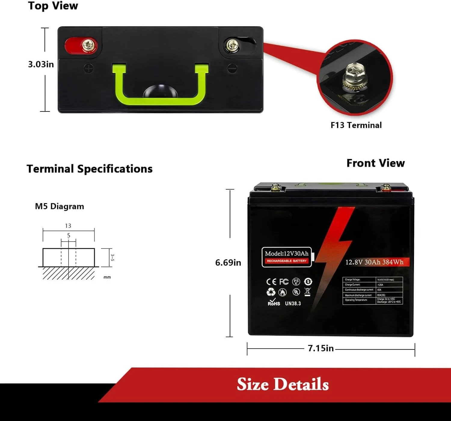 

12V 30Ah Lithium LiFePO4 Deep Cycle Battery,3000+ Cycle Rechargeable Lithium Iron Phosphate Battery for Solar,Fish Finder,Marine