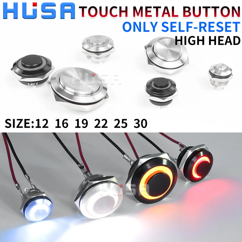 12/16/19/22/25/30mm krótki skok Mini wodoodporny metalowy przełącznik wciskany dioda LED zasilania chwilowe 5/12/24/220V czarny 1NO