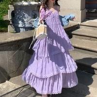 2025 Fairy Style Purple Women Sling Dress V-Neck Sleeveless Multi Layer Lace Splicing Design Maxi Dress Pleated Detail Dress