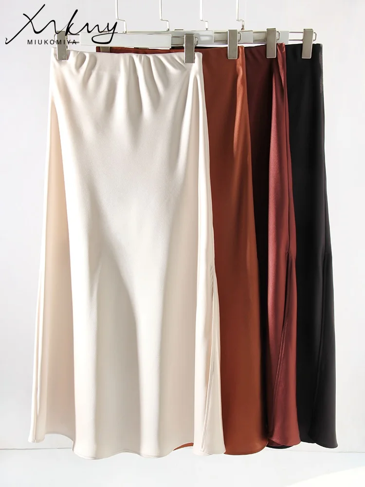 Long Satin Skirts For Women Summer High Quality Skirt With Slit On The Side Silk Elegant Black Maxi Luxury Women\'s Skirts 2025
