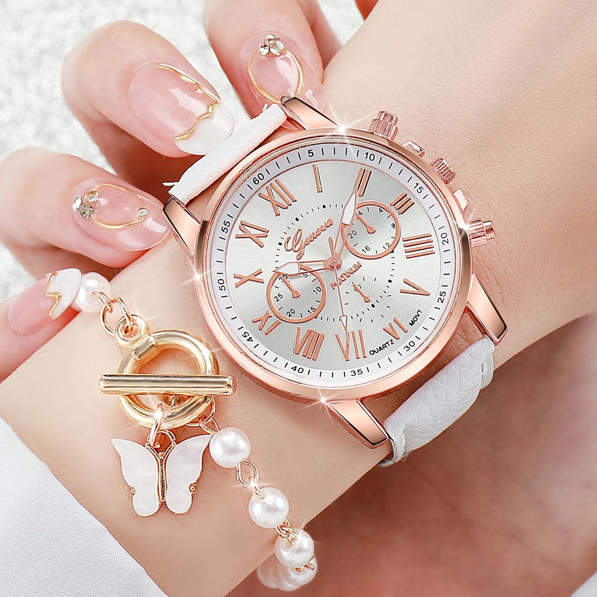 2PC/Set Women\'s Watch Fashion Leather Band Analog Quartz Watches Pearls Butterfly Bracelet Set