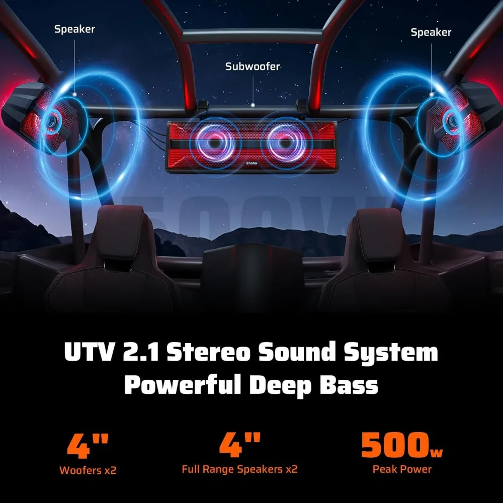 Barra de som estéreo UTV 2.1CH (subwoofer) e alto-falantes, barra de som Bluetooth ATV de 17 polegadas com luzes RGB