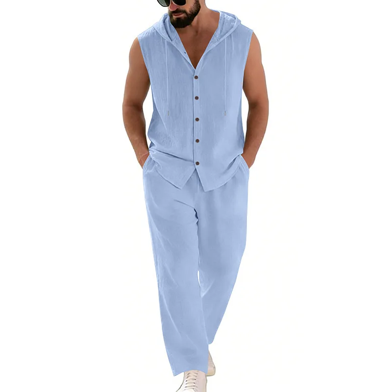 Men's Casual Linen Suit Hooded Sweater And Pants Set Solid Color Breathable Comfortable Men's Clothing view 6