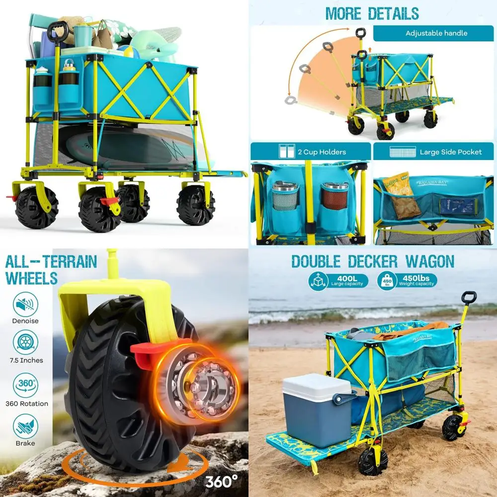 

Heavy Duty 450lbs Capacity Collapsible Double Decker Beach Wagon with Brakes and Extra Long Decker for Outdoor Adventures