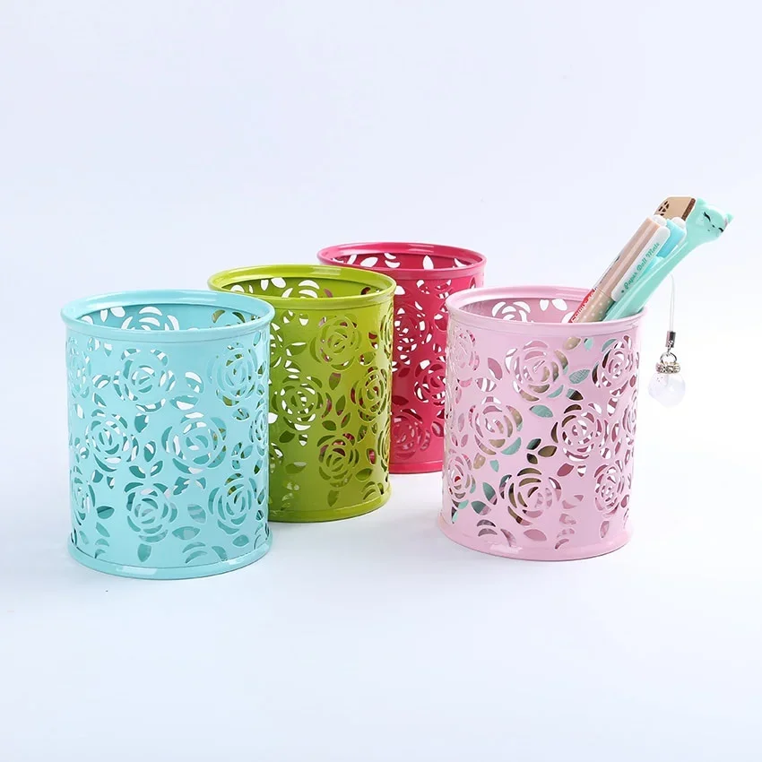 1 PC Metal Hollow Rose Flower Design Cylinder Pen cil Pot Holder Storage  Case Office Stationary Supplies