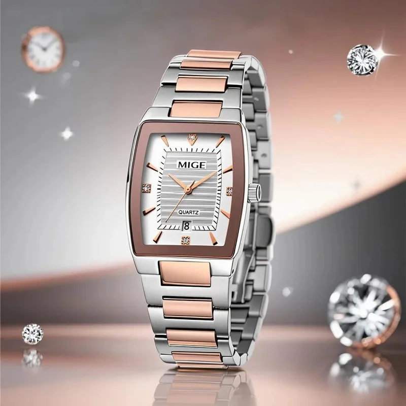 MIGE Square Mens Watch Two-tone Metal Bracelet Diamond Date Dial Quartz Wrist Watch for Men Business