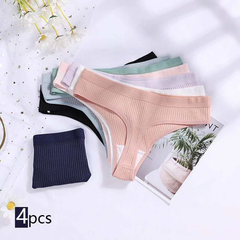 4 Pcs Seamless Ladies Ribbed Cotton Thong Simple Women's Low Waist Bikini Briefs Sports Girls Underwear Plus Size