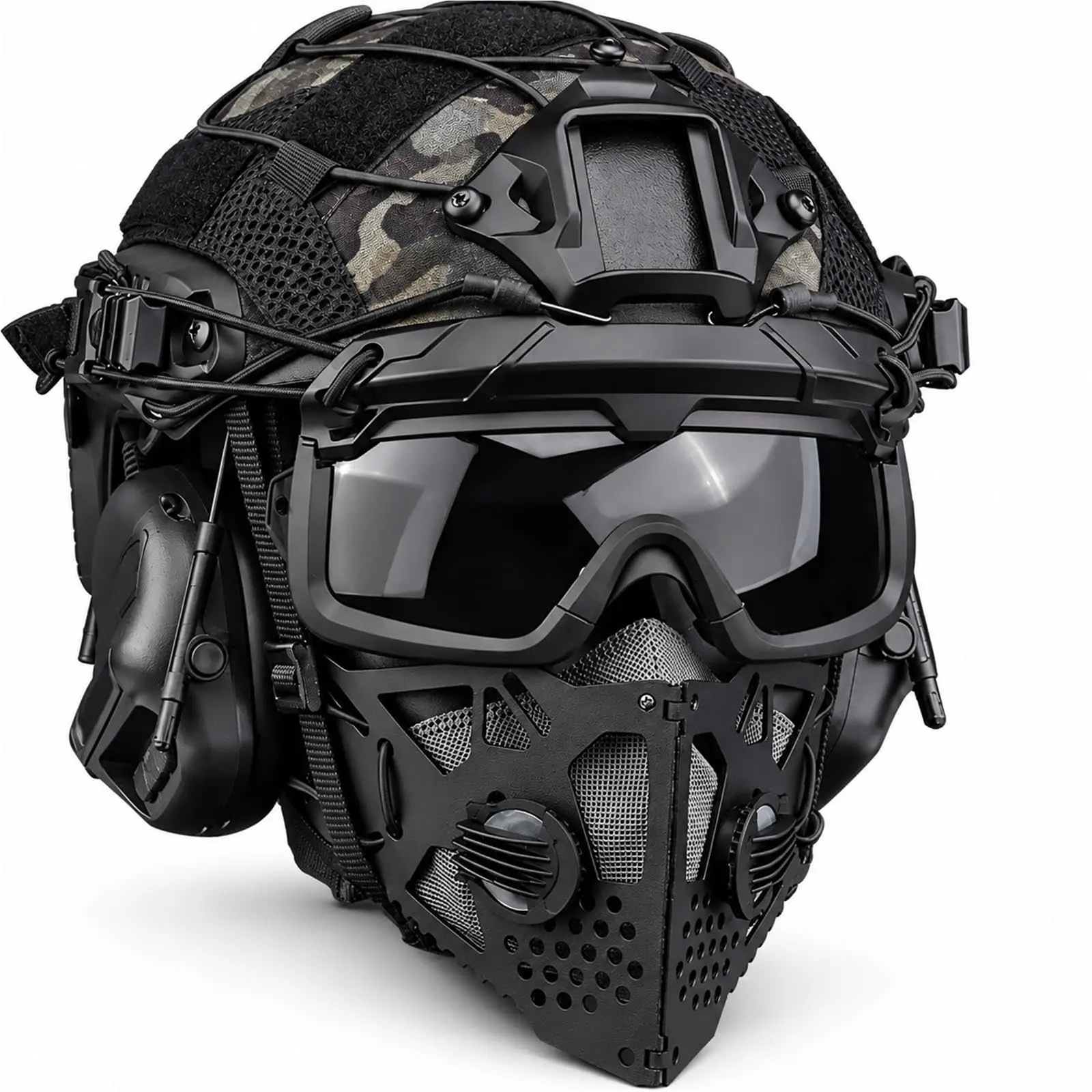 Airsoft FAST Tactical Helmet Set with Rail Headset, Clear Goggles, Modular Mesh Face Mask, Rear Dial Fit, PTT Adapter Required