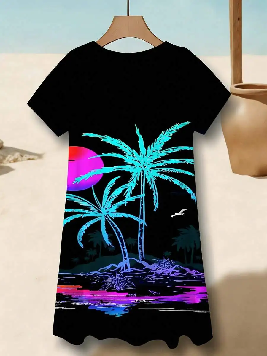 

V Neck Short Sleeve Black Dress With Tropical Palm Tree Sunset Print Summer Beach Party Casual Wear