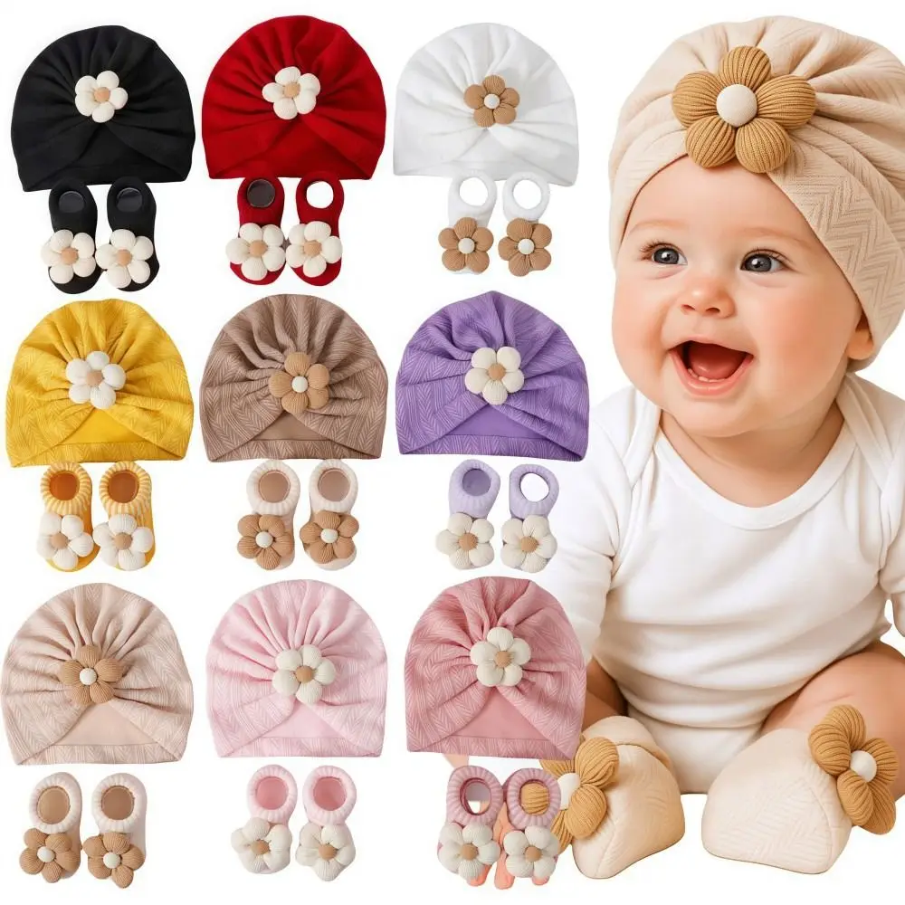 

Flower Infant Turban Hat Socks Set Soft Cotton Breathable Baby Headscarf Hat Lightweight Elastic Hat Sock Set Newborn Supplies