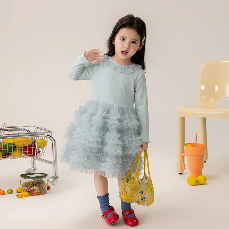 Girls Dress Long Sleeve 2026 Spring New High-end Mesh Princess Dress Cake Skirt Children Clothing