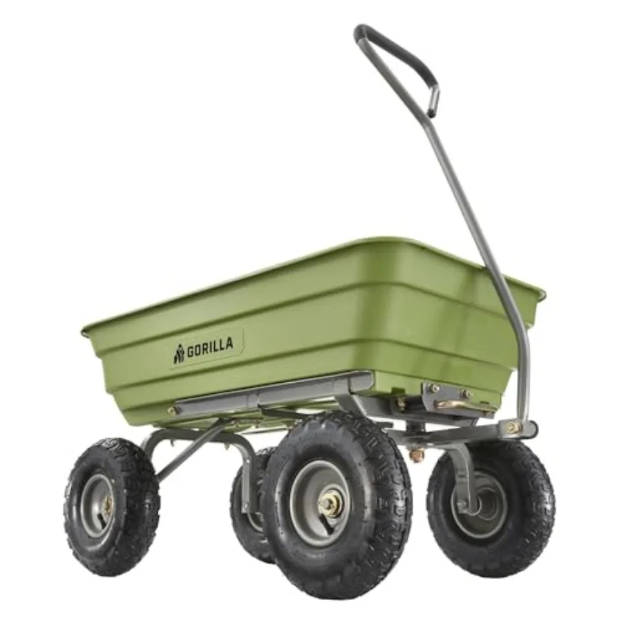 Heavy Duty Poly Yard Garden Steel Wheelbarrow Wagon Cart for Utility Use, Green, 600-Pound Capacity with Straight Pull Handle